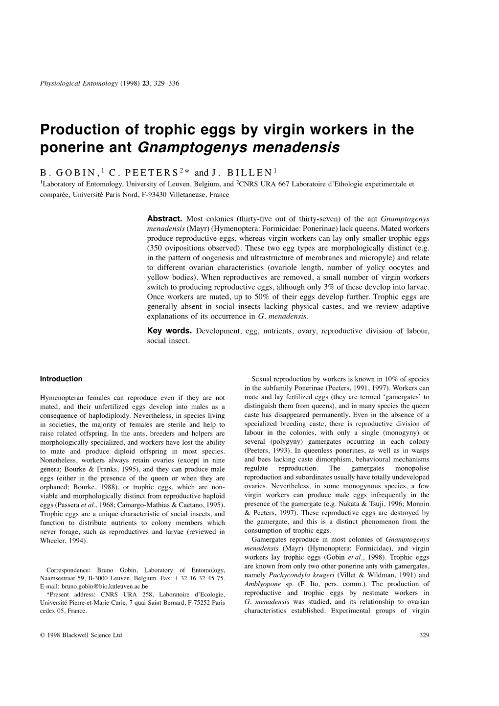 Production of Trophic Eggs by Virgin Workers in the Ponerine Ant Gnamptogenys Menadensis