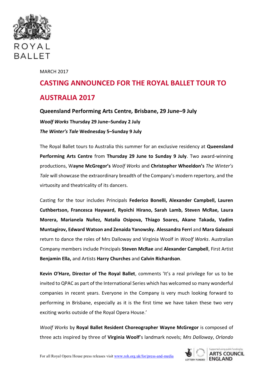 Casting Announced for the Royal Ballet Tour to Australia 2017