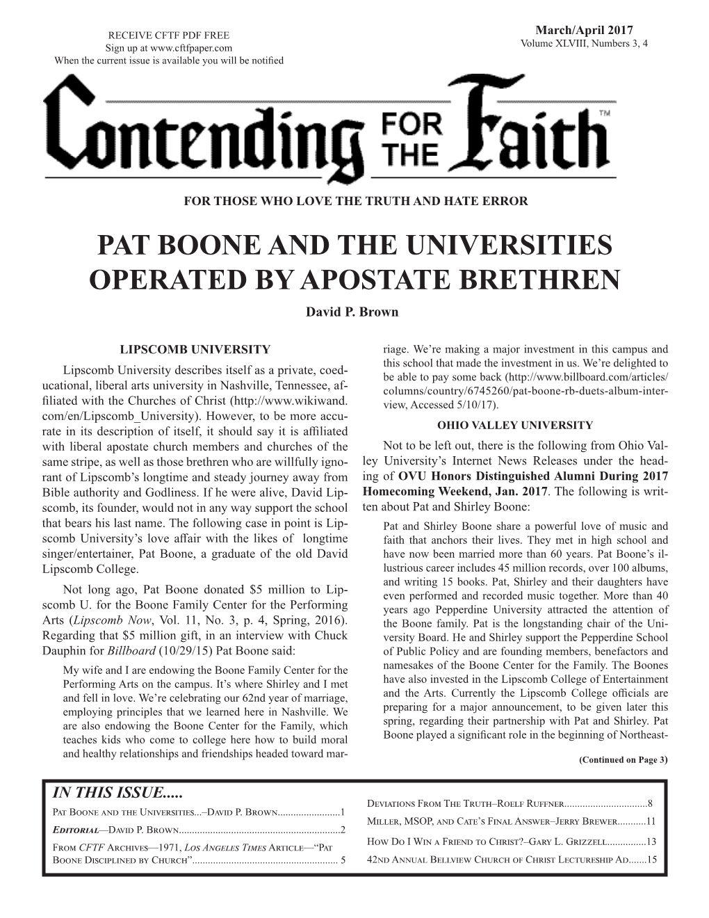 PAT BOONE and the UNIVERSITIES OPERATED by APOSTATE BRETHREN David P