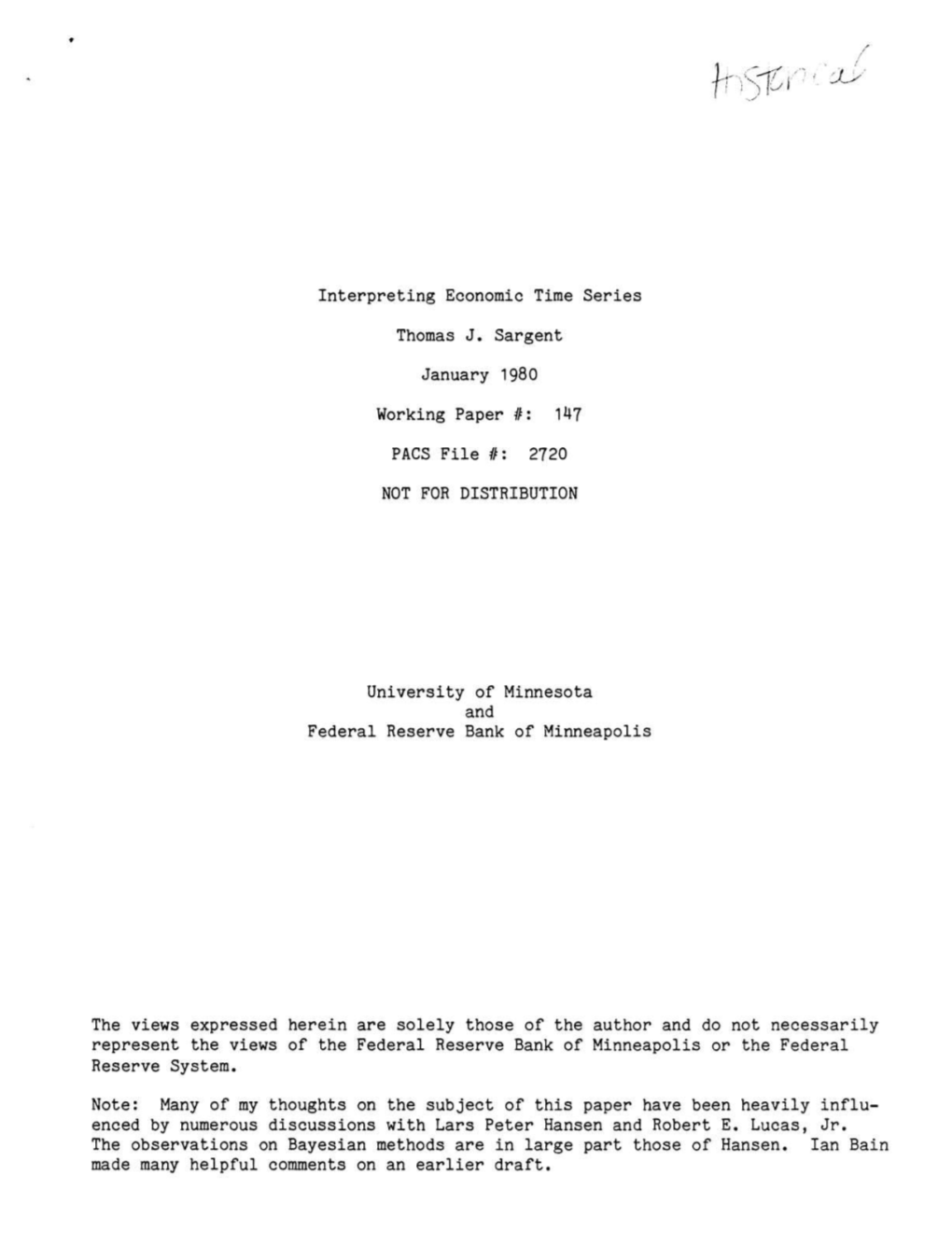 Interpreting Economic Time Series Thomas J . Sargent January 1980