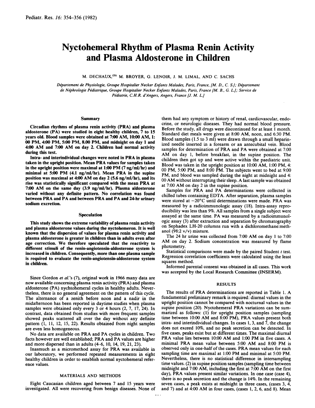 Nyctohemeral Rhythm of Plasma Renin Activity and Plasma Aldosterone in Children