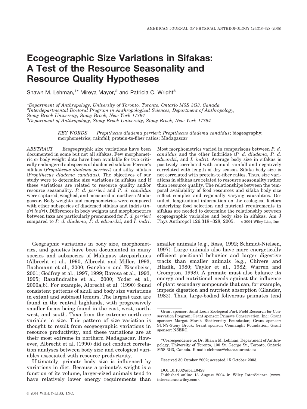 Ecogeographic Size Variations in Sifakas: a Test of the Resource Seasonality and Resource Quality Hypotheses