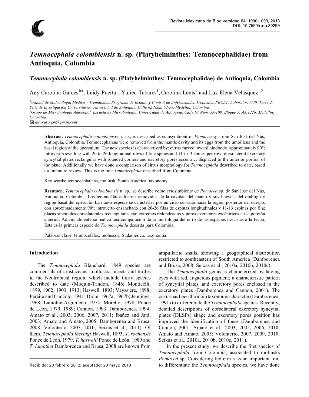 Temnocephala Colombiensis N. Sp. (Platyhelminthes: Temnocephalidae) from Antioquia, Colombia