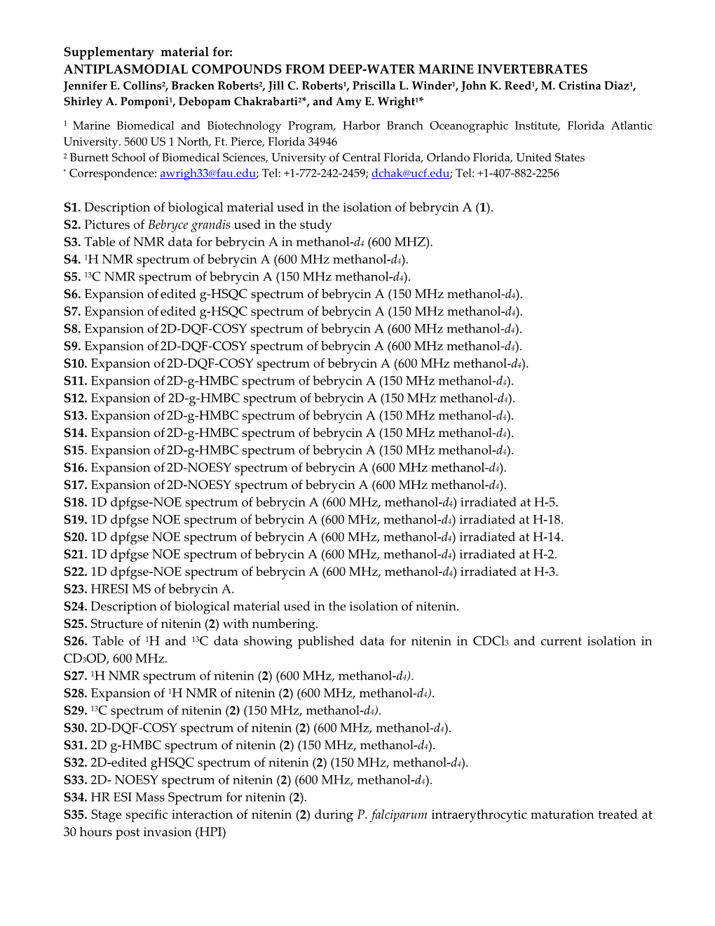 ANTIPLASMODIAL COMPOUNDS from DEEP-WATER MARINE INVERTEBRATES S1. Description of Biological Materi