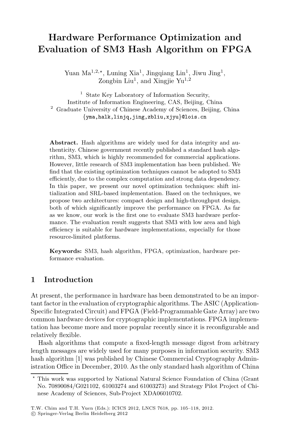 Hardware Performance Optimization and Evaluation of SM3 Hash Algorithm on FPGA