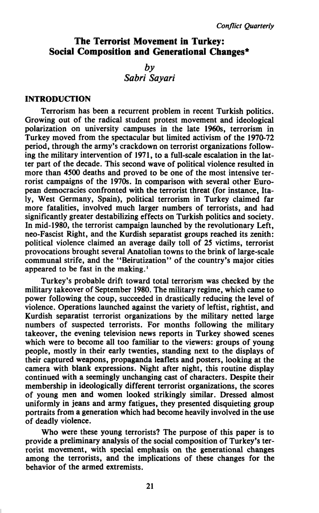 The Terrorist Movement in Turkey: Social Composition and Generational Changes* by Sabri Sayari