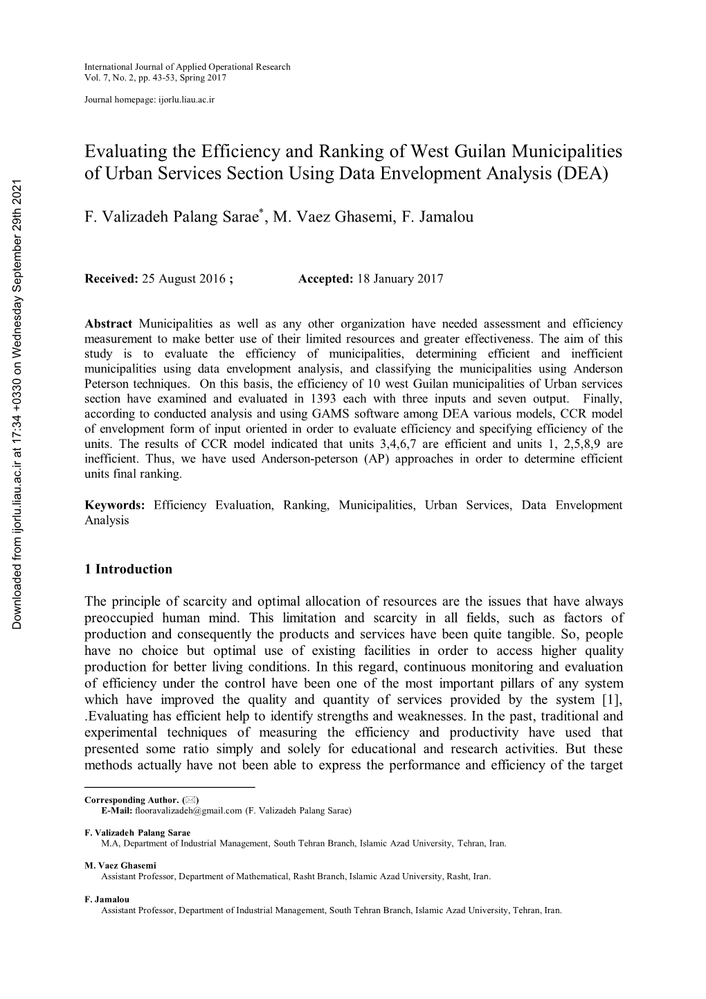 Evaluating the Efficiency and Ranking of West Guilan Municipalities of Urban Services Section Using Data Envelopment Analysis (DEA)