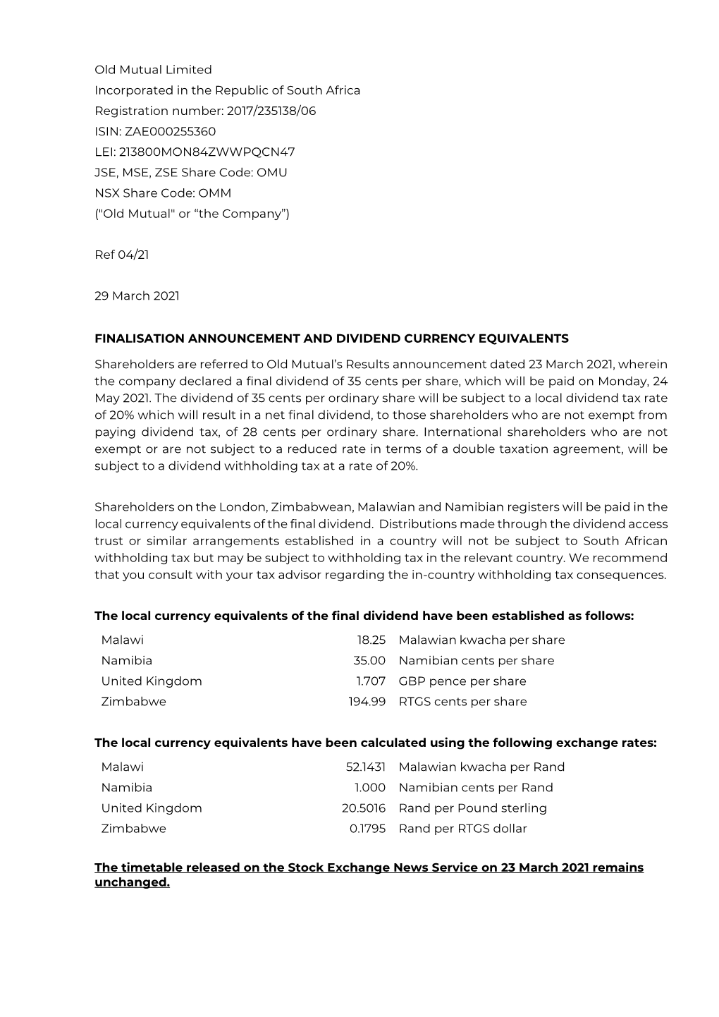 Finalisation Announcement and Dividend Currency Equivalents