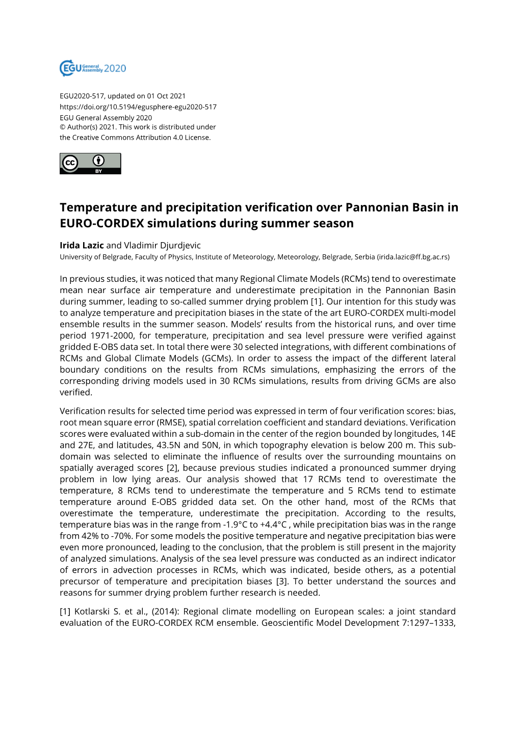 Temperature and Precipitation Verification Over Pannonian Basin in EURO-CORDEX Simulations During Summer Season