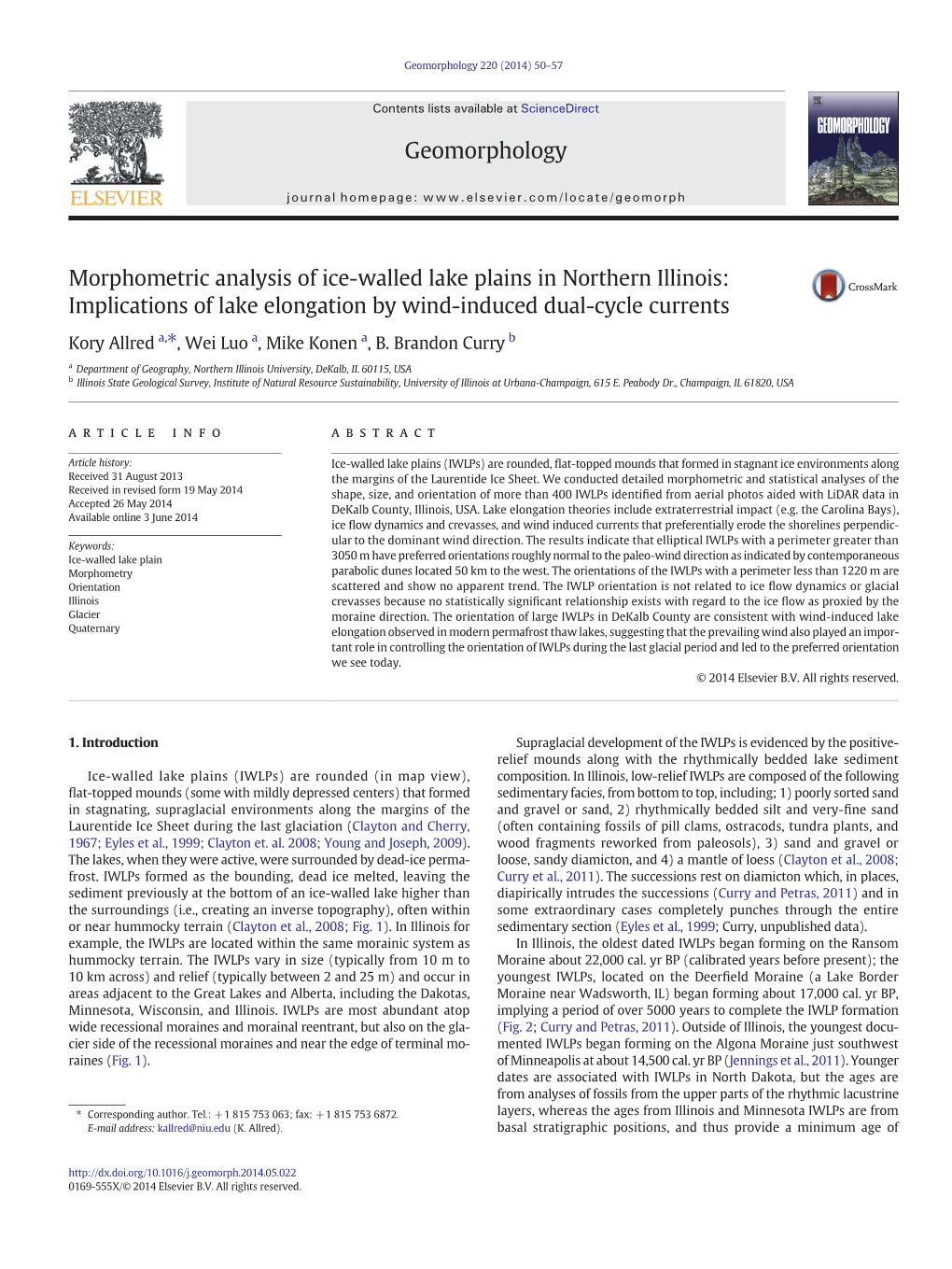 Morphometric Analysis of Ice-Walled Lake Plains in Northern Illinois: Implications of Lake Elongation by Wind-Induced Dual-Cycle Currents