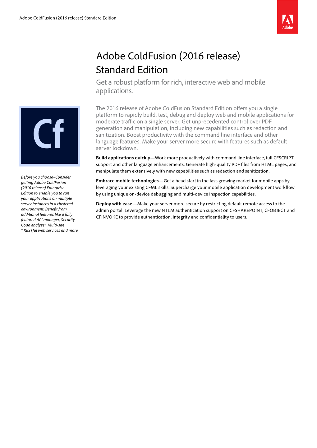 Adobe Coldfusion (2016 Release) Standard Edition