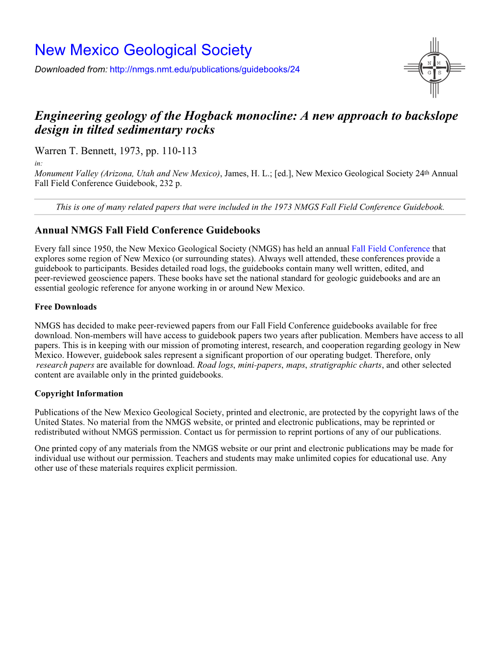 Engineering Geology of the Hogback Monocline: a New Approach to Backslope Design in Tilted Sedimentary Rocks Warren T