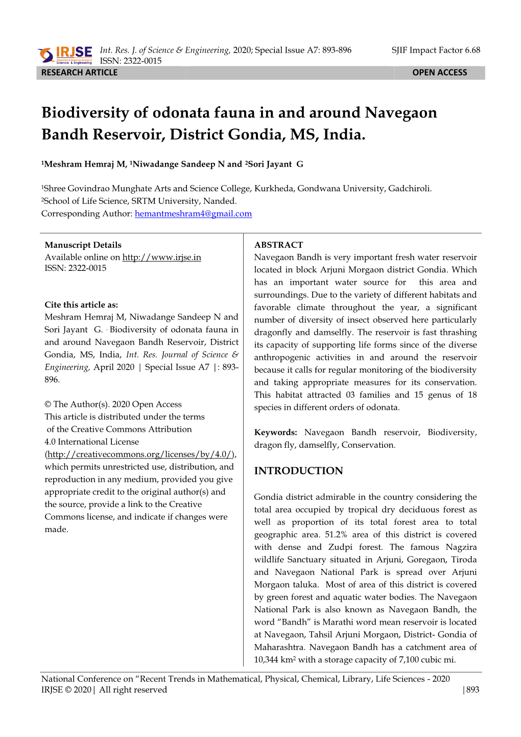 Biodiversity of Odonata Fauna in and Around Navegaon Bandh Reservoir, District Gondia, MS, India