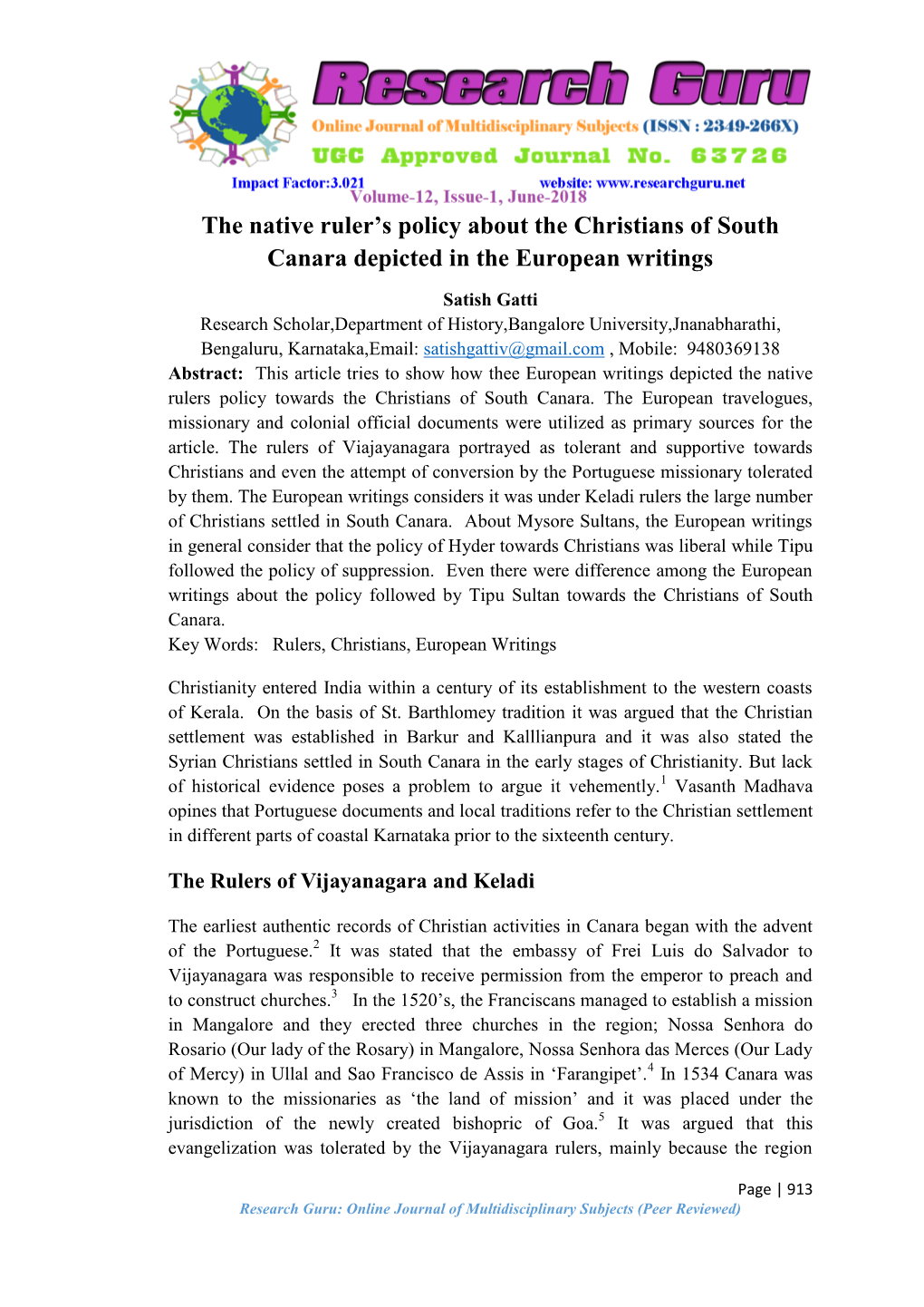 The Native Ruler's Policy About the Christians of South Canara