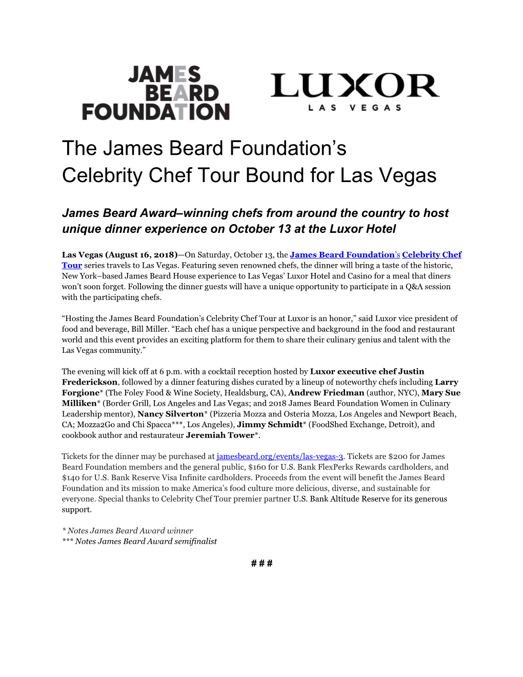 The James Beard Foundation's Celebrity Chef Tour Bound for Las Vegas