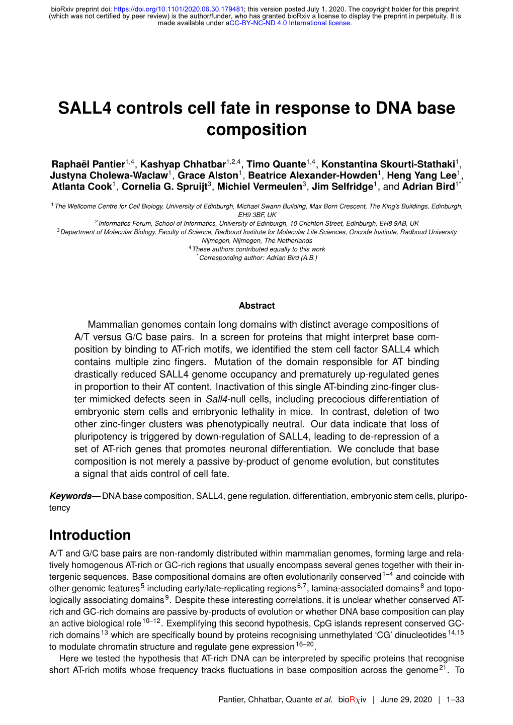 SALL4 Controls Cell Fate in Response to DNA Base Composition