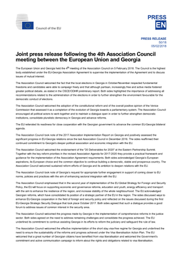 Joint Press Release Following the 4Th Association Council Meeting Between the European Union and Georgia