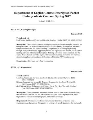 Department of English Course Description Packet Undergraduate Courses, Spring 2017