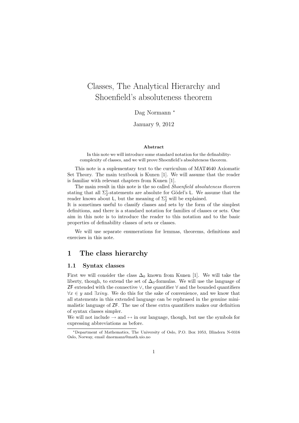 Classes, the Analytical Hierarchy and Shoenfield's Absoluteness Theorem