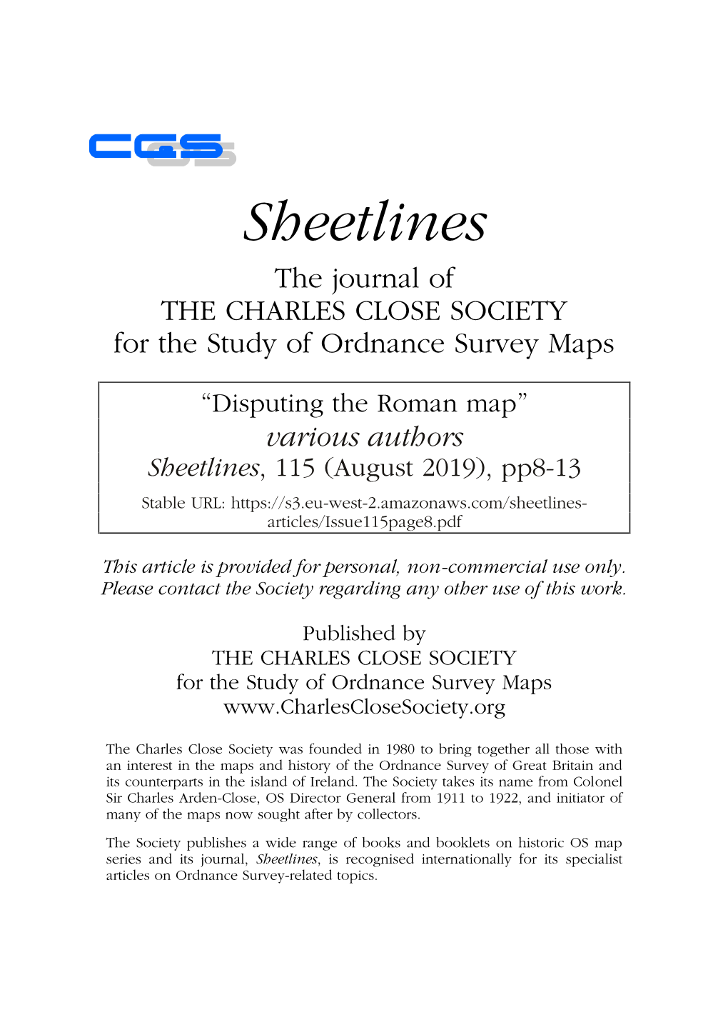 Sheetlines the Journal of the CHARLES CLOSE SOCIETY for the Study of Ordnance Survey Maps