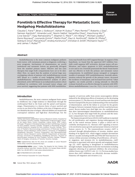 Foretinib Is Effective Therapy for Metastatic Sonic Hedgehog Medulloblastoma Claudia C