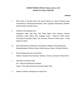 CARNATIC MUSIC (VOCAL) Theory (Code No. 031) Syllabus for Class IX (2019-20)
