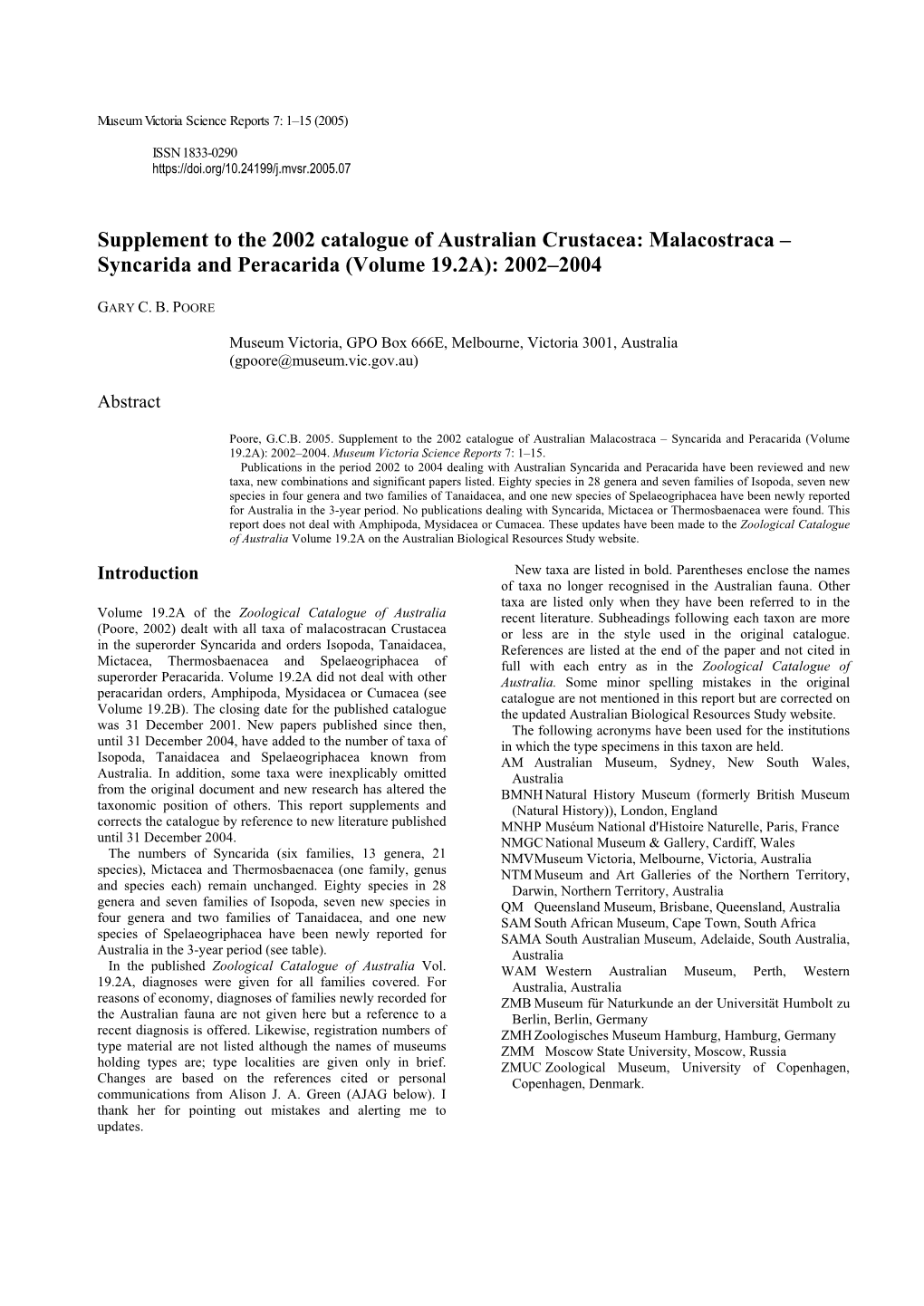 Supplement to the 2002 Catalogue of Australian Crustacea: Malacostraca – Syncarida and Peracarida (Volume 19.2A): 2002–2004