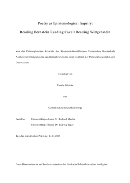 Poetry As Epistemological Inquiry: Reading Bernstein Reading Cavell