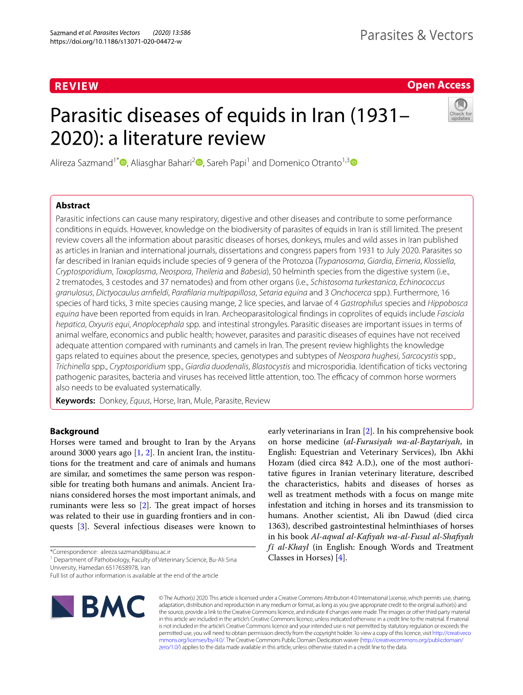 Parasitic Diseases of Equids in Iran (1931–2020): a Literature Review