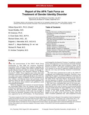 Gender Identity Disorder, Report of the APA Task Force on Treatment Of