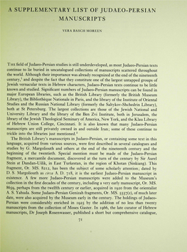A Supplementary List of Judaeo-Persian Manuscripts