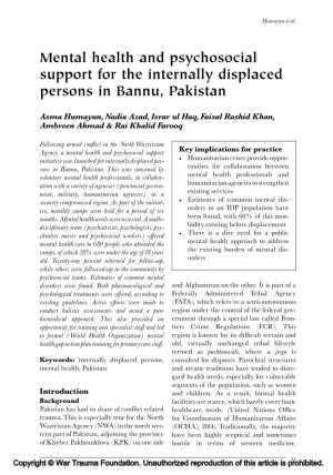 Mental Health and Psychosocial Support for the Internally Displaced Persons in Bannu, Pakistan