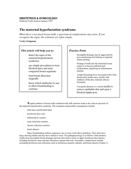 The Maternal Hyperlactation Syndrome When There’S Too Much Breast Milk, a Spectrum of Complications May Arise