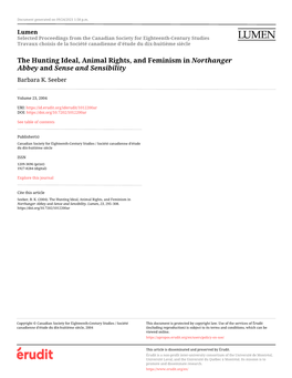 The Hunting Ideal, Animal Rights, and Feminism in Northanger Abbey and Sense and Sensibility Barbara K