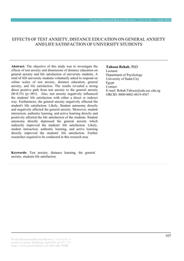 Effects of Test Anxiety, Distance Education on General Anxiety and Life Satisfaction of University Students