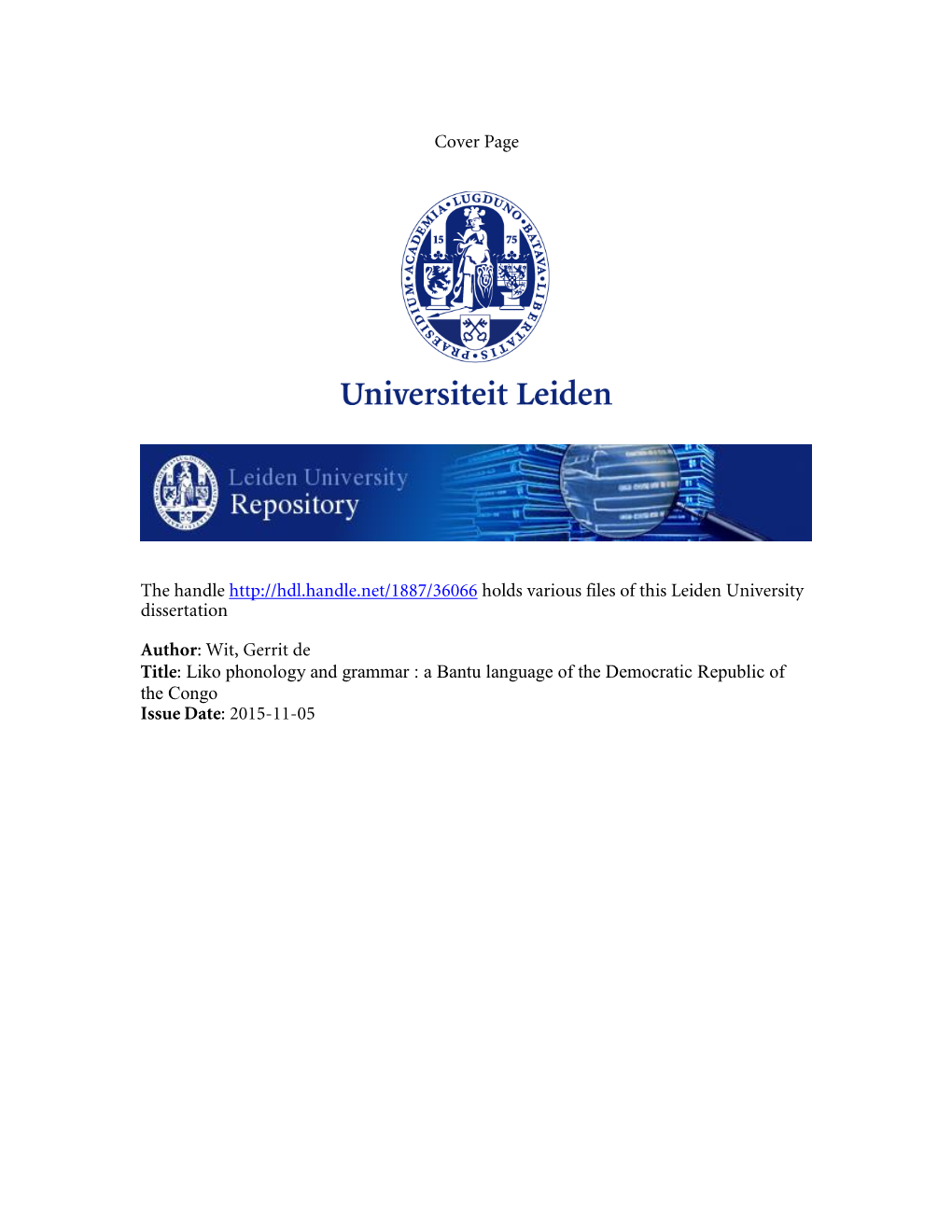 Liko Phonology and Grammar : a Bantu Language of the Democratic Republic of the Congo Issue Date: 2015-11-05