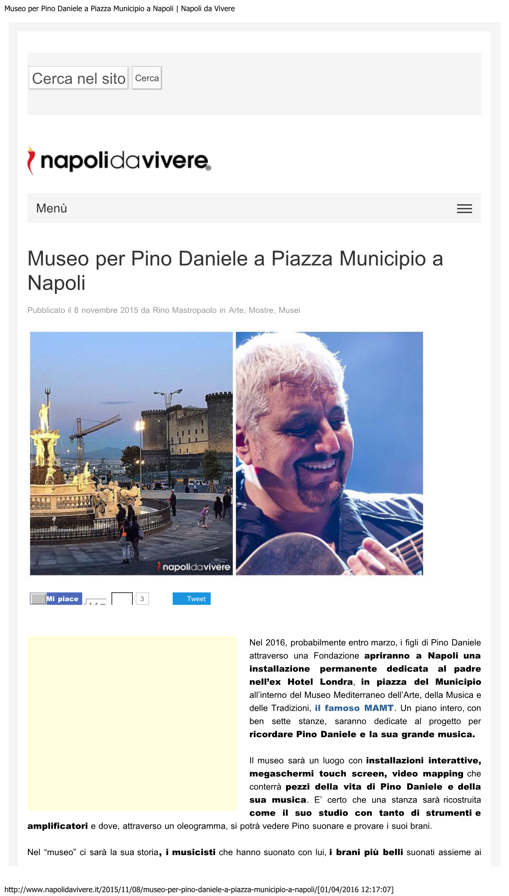 Museo Per Pino Daniele a Piazza Municipio a Napoli | Napoli Da Vivere
