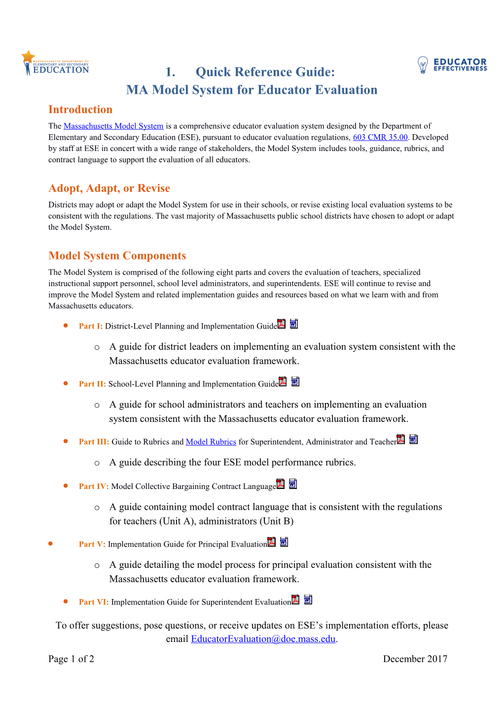 Quick Reference Guide: MA Model System for Educator Evaluation