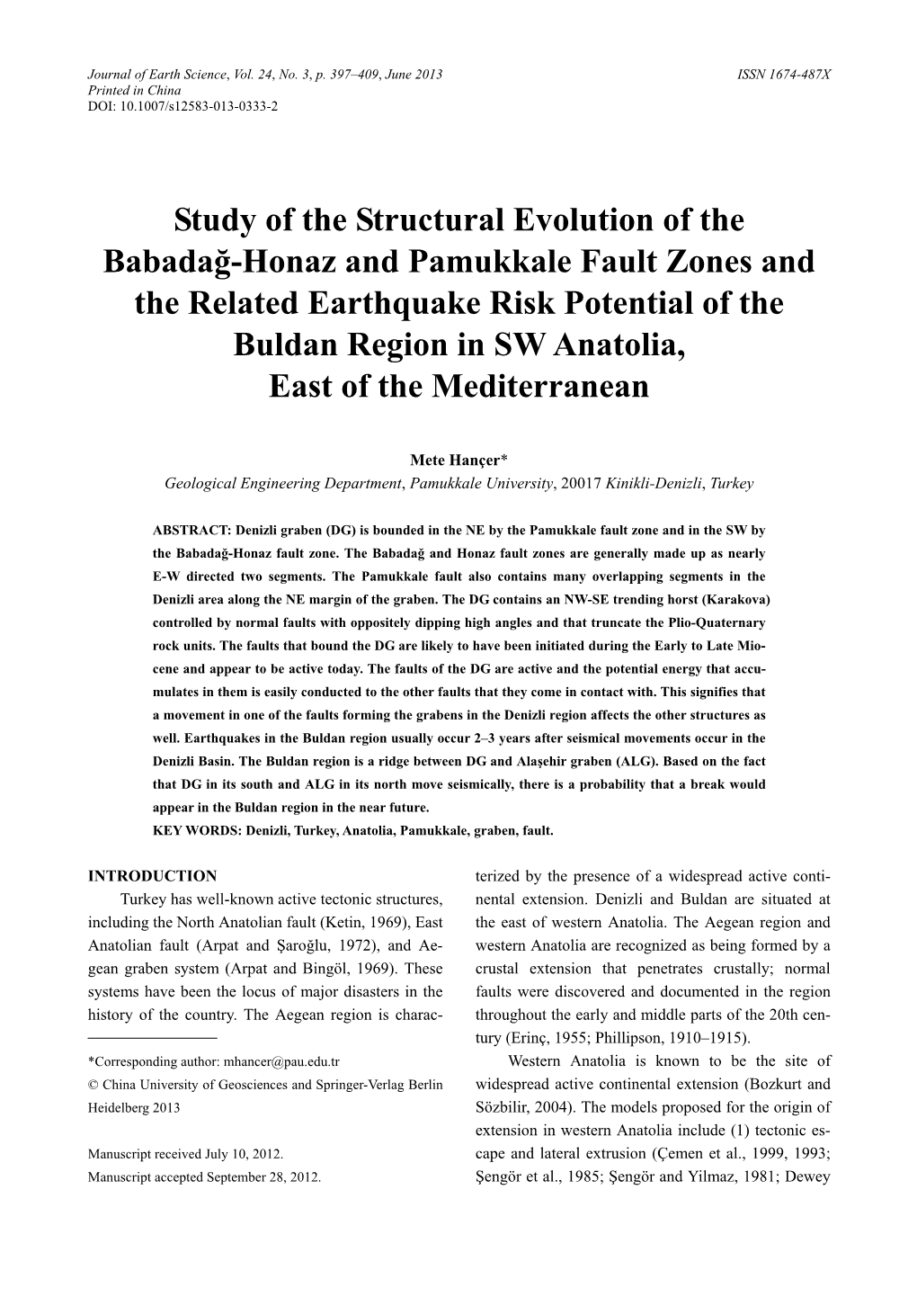 Study of the Structural Evolution of the Babadağ-Honaz and Pamukkale