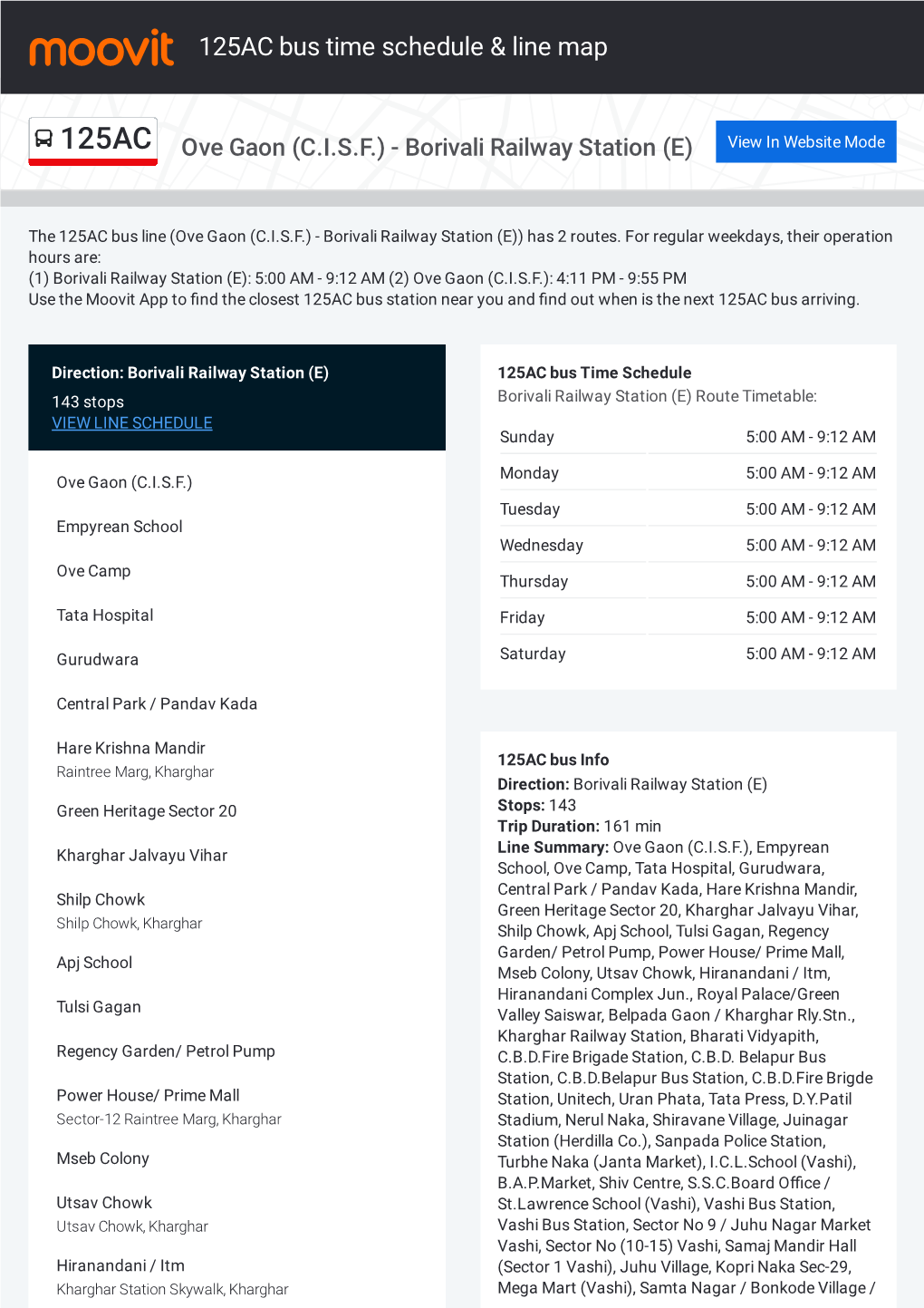 125AC Bus Time Schedule & Line Route