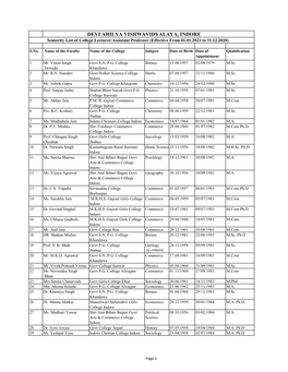 DEVI AHILYA VISHWAVIDYALAYA, INDORE Seniority List of College Lecturer/Assistant Professor (Effective from 01.01.2021 to 31.12.2020)