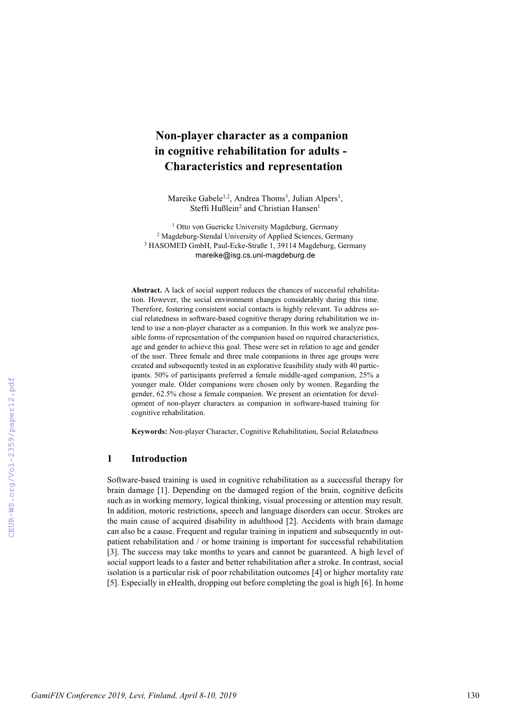 Non-Player Character As a Companion in Cognitive Rehabilitation for Adults - Characteristics and Representation