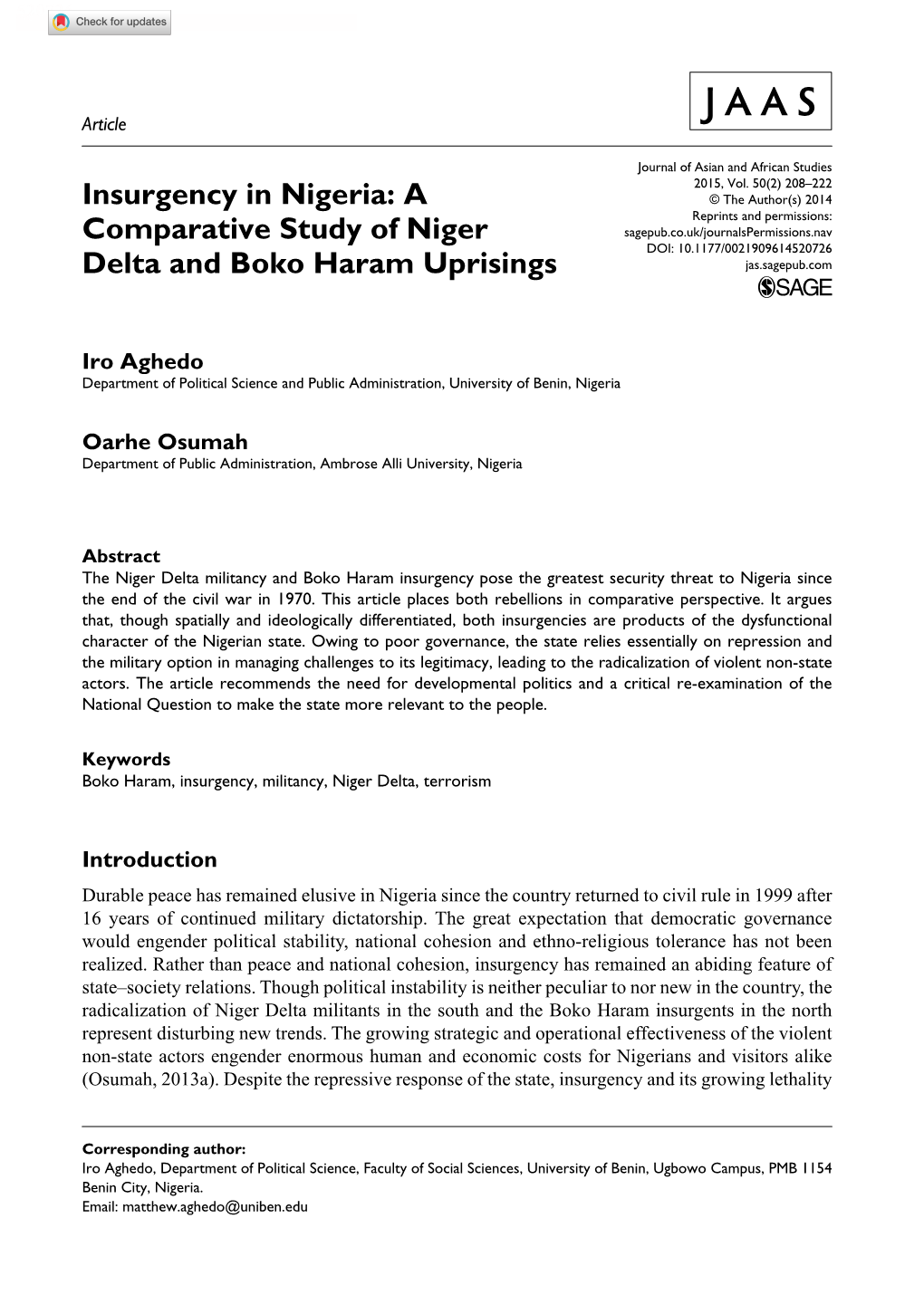 Insurgency in Nigeria: a Comparative Study of Niger Delta and Boko Haram Uprisings