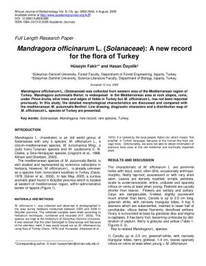 Mandragora Officinarum L. (Solanaceae ): a New Record for the Flora of Turkey