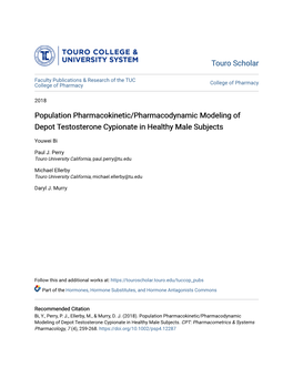 Population Pharmacokinetic/Pharmacodynamic Modeling of Depot Testosterone Cypionate in Healthy Male Subjects