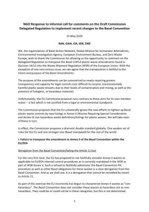 NGO Response to Informal Call for Comments on the Draft Commission Delegated Regulation to Implement Recent Changes to the Basel Convention