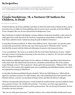 Ursula Nordstrom, 78, a Nurturer of Authors for Children, Is Dead