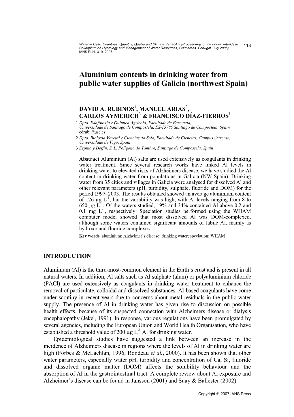 Aluminium Contents in Drinking Water from Public Water Supplies of Galicia (Northwest Spain)