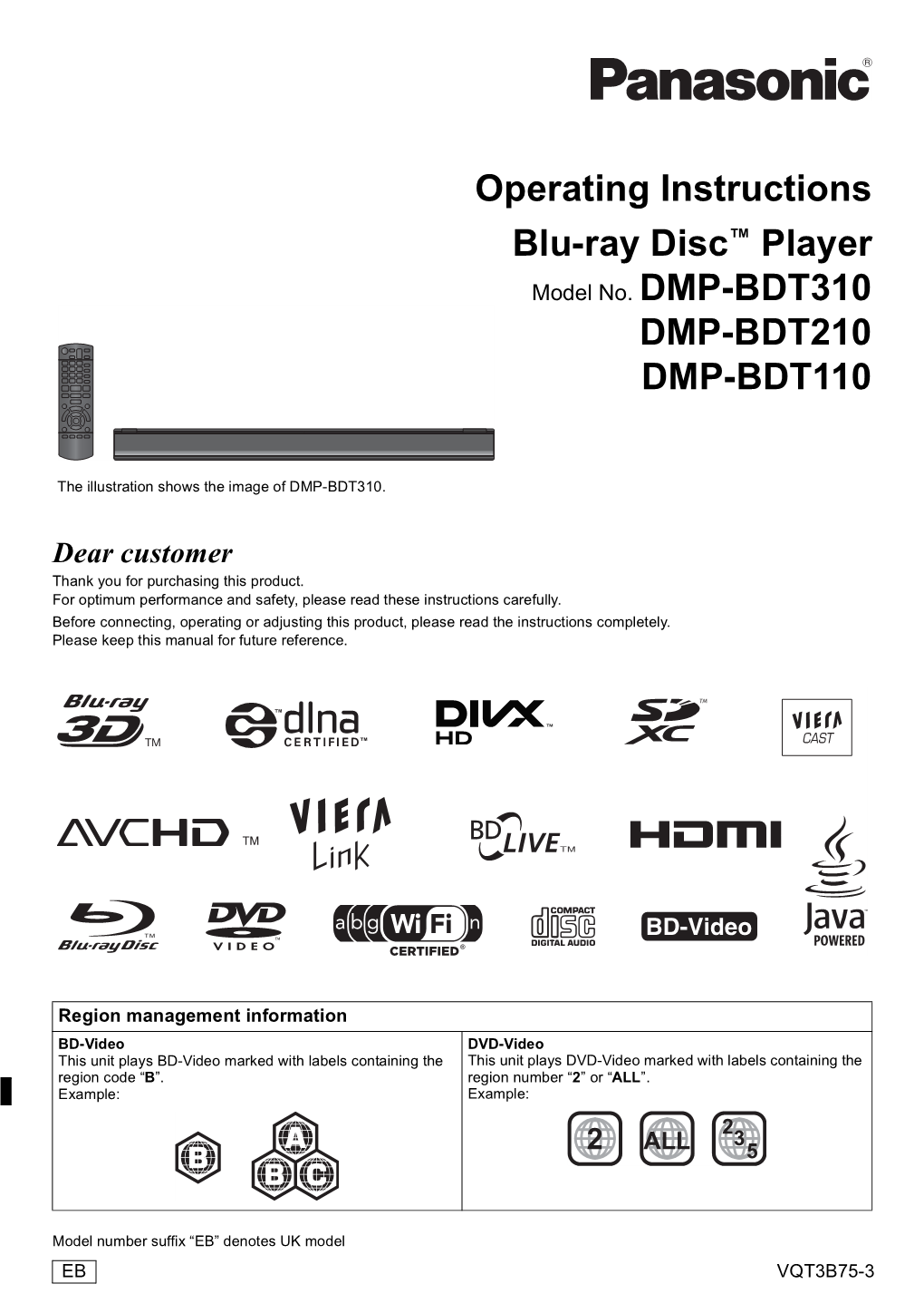 Operating Instructions Blu-Ray Disc™ Player DMP-BDT210 DMP-BDT110
