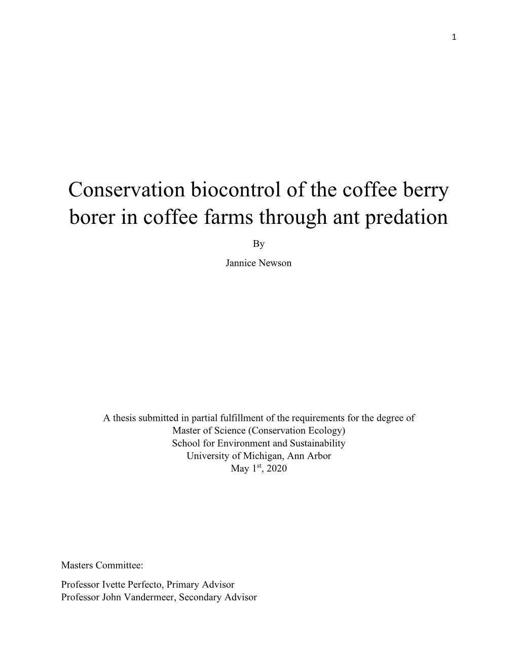 Conservation Biocontrol of the Coffee Berry Borer in Coffee Farms Through Ant Predation by Jannice Newson